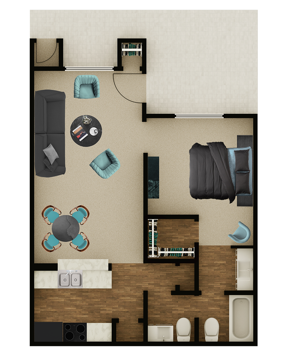 Floor plan for 1 bed, 1.5 baths, 580 sqft